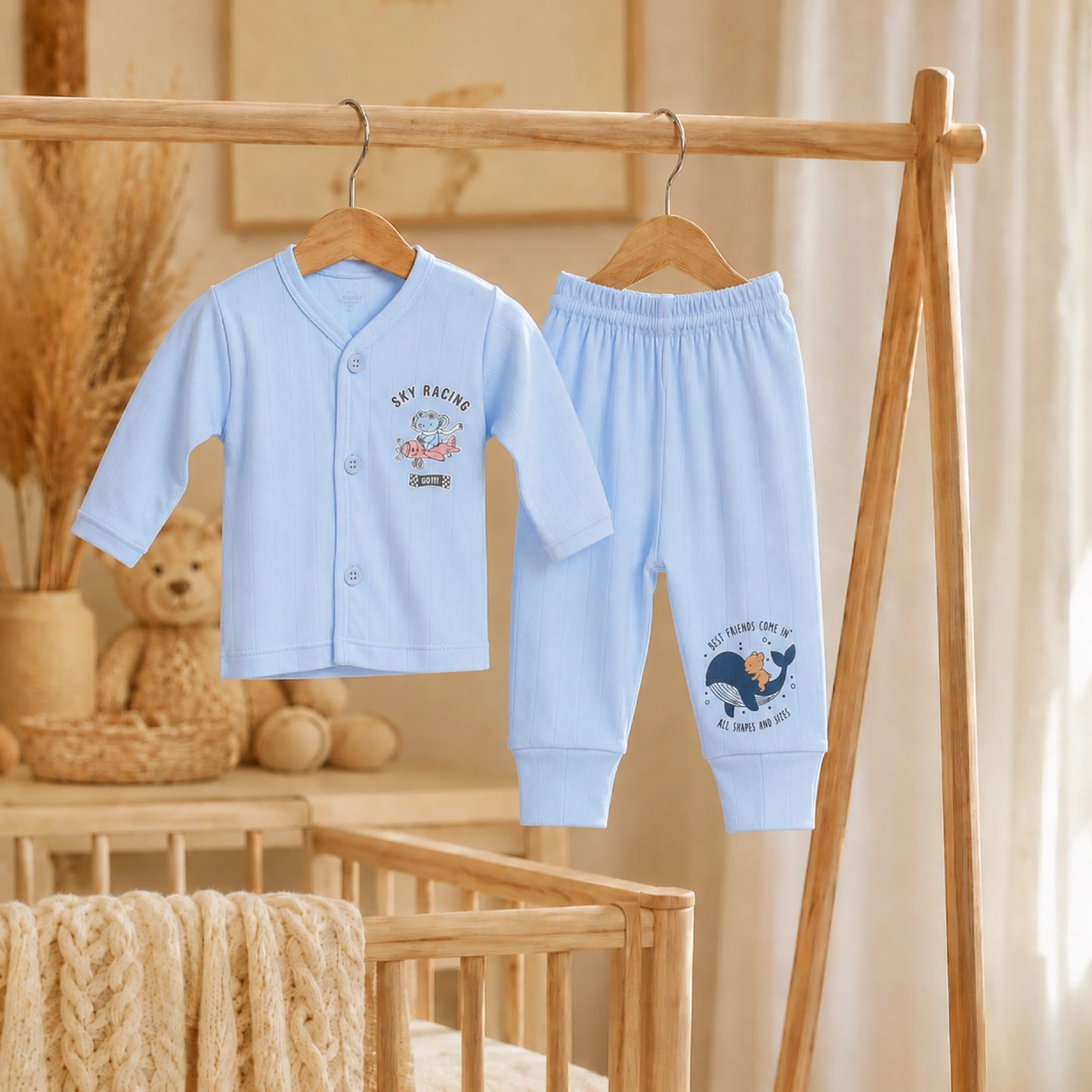 Sky Blue Cucumber Baby Boy & Girl Cotton Full Sleeve Vest - Pajama Set