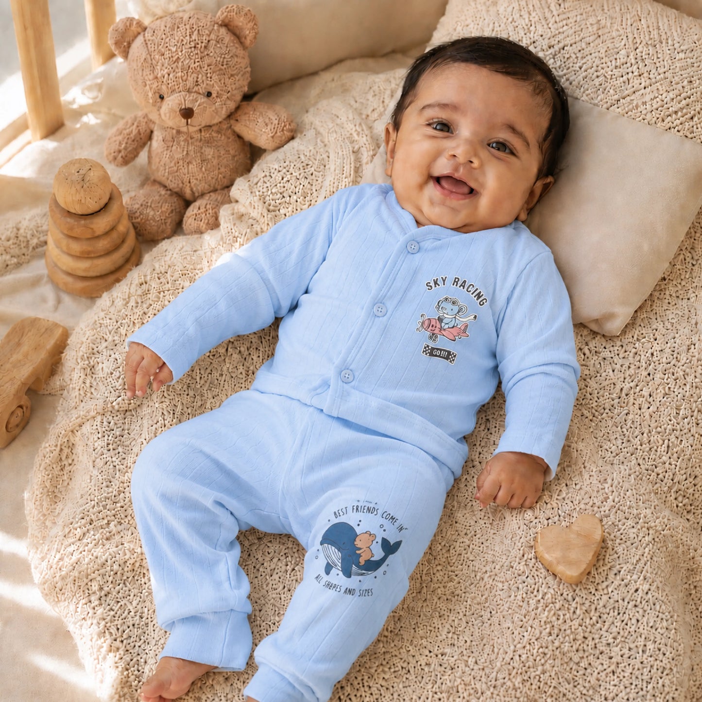 Sky Blue Cucumber Baby Boy & Girl Cotton Full Sleeve Vest - Pajama Set