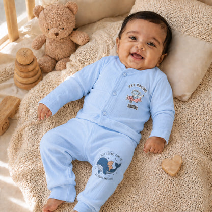 Sky Blue Cucumber Baby Boy & Girl Cotton Full Sleeve Vest - Pajama Set