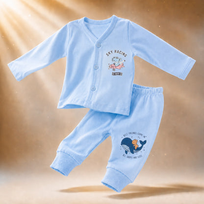 Sky Blue Cucumber Baby Boy & Girl Cotton Full Sleeve Vest - Pajama Set