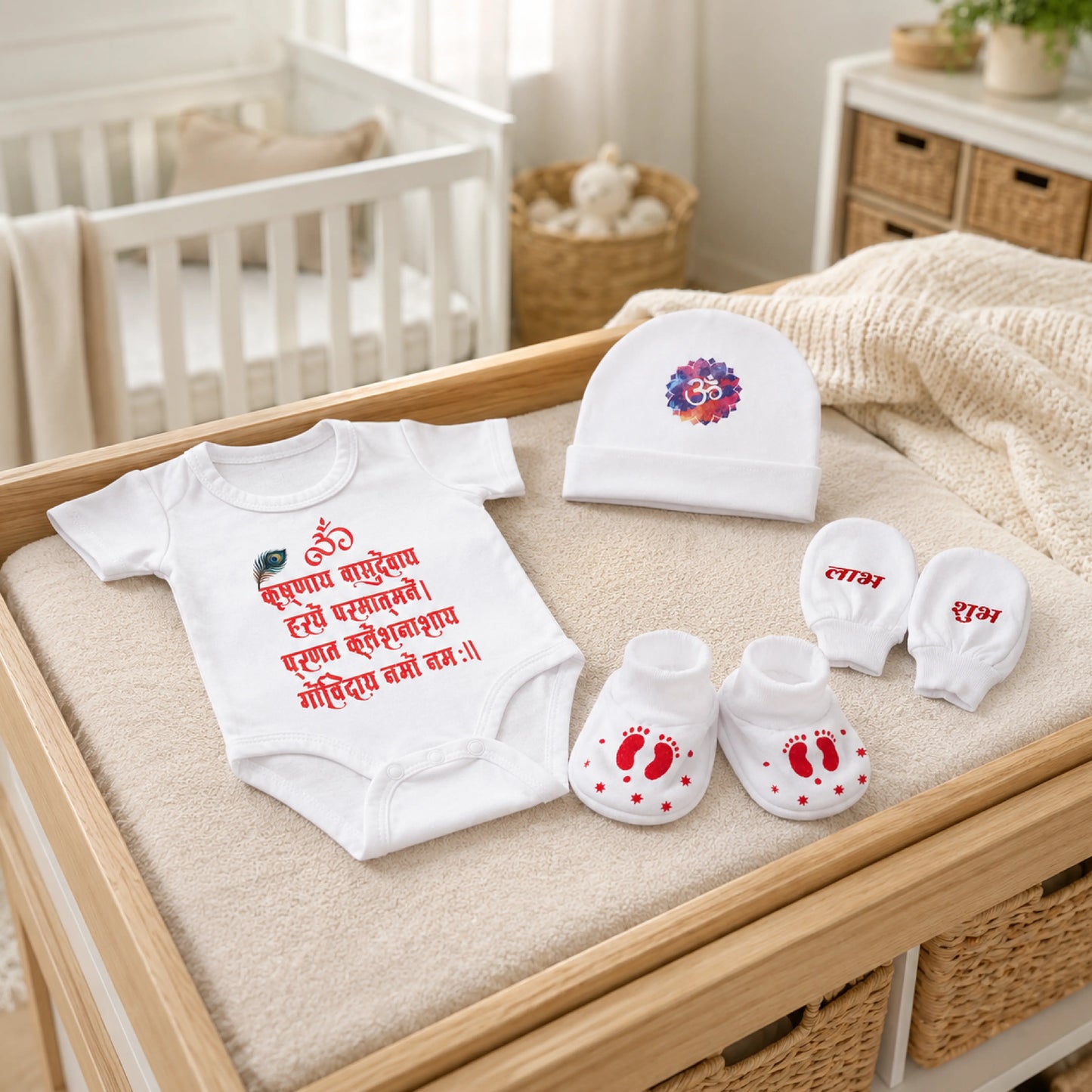 Baby Krishna Mantra Cotton Romper Gift Set with Cap, Mittens & Booties
