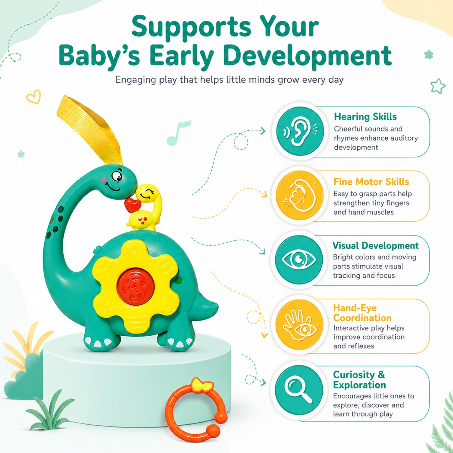 Teal Green Dinosaur Musical Hanging Toy for Baby Cradle – Light & Sound