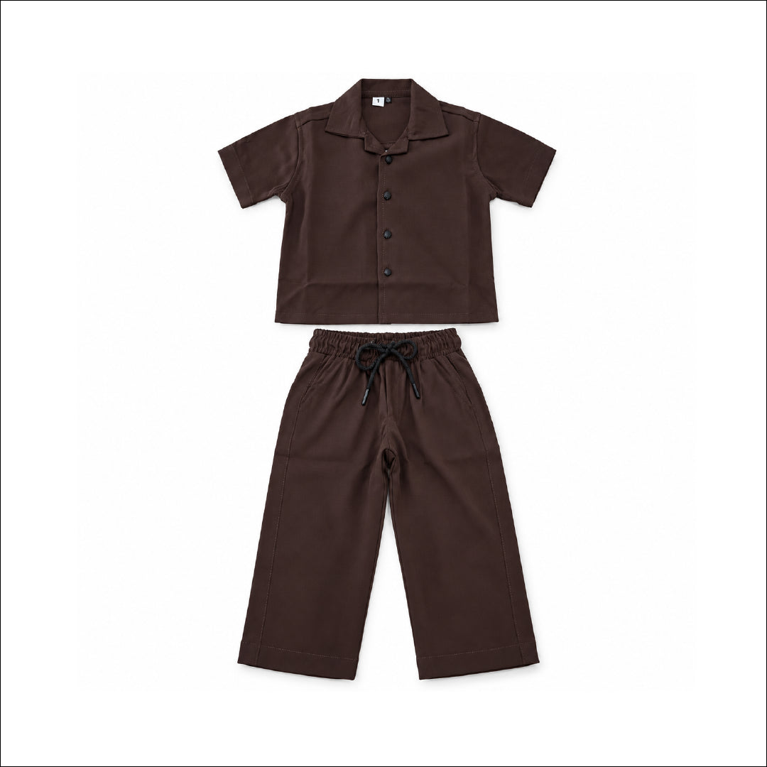 Boys Dark Brown Shirt & Pant Set | Half Sleeve Collared Button-Down Shirt with Matching Full-Length Trousers | Kids Casual Co-Ord Set for Party, Family Functions & Daily Wear