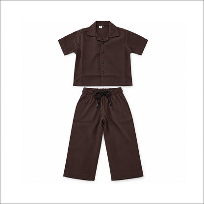 Boys Dark Brown Shirt & Pant Set | Half Sleeve Collared Button-Down Shirt with Matching Full-Length Trousers | Kids Casual Co-Ord Set for Party, Family Functions & Daily Wear