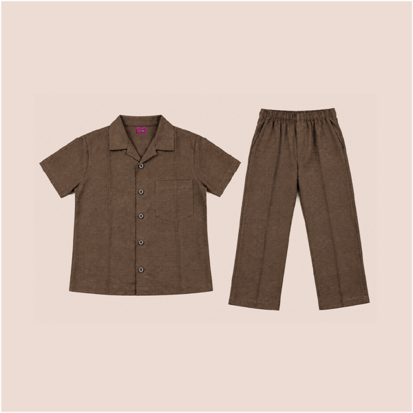 Kids Brown Shirt & Pant Co-Ord Set | Half Sleeve Collared Button-Down Shirt with Chest Pocket & Matching Full-Length Pants | Stylish Casual Outfit for Boys & Girls