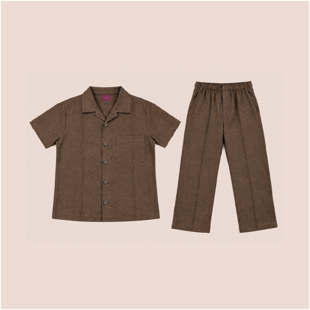 Kids Brown Shirt & Pant Co-Ord Set | Half Sleeve Collared Button-Down Shirt with Chest Pocket & Matching Full-Length Pants | Stylish Casual Outfit for Boys & Girls