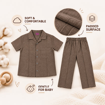 Kids Brown Shirt & Pant Co-Ord Set | Half Sleeve Collared Button-Down Shirt with Chest Pocket & Matching Full-Length Pants | Stylish Casual Outfit for Boys & Girls