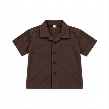 Boys Dark Brown Shirt & Pant Set | Half Sleeve Collared Button-Down Shirt with Matching Full-Length Trousers | Kids Casual Co-Ord Set for Party, Family Functions & Daily Wear