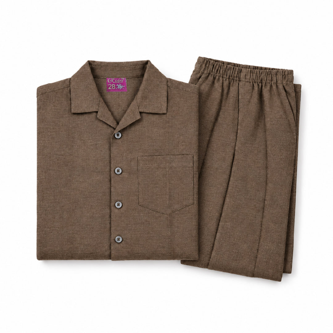 Kids Brown Shirt & Pant Co-Ord Set | Half Sleeve Collared Button-Down Shirt with Chest Pocket & Matching Full-Length Pants | Stylish Casual Outfit for Boys & Girls