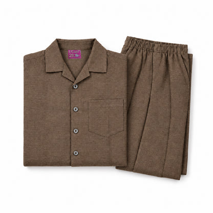 Kids Brown Shirt & Pant Co-Ord Set | Half Sleeve Collared Button-Down Shirt with Chest Pocket & Matching Full-Length Pants | Stylish Casual Outfit for Boys & Girls