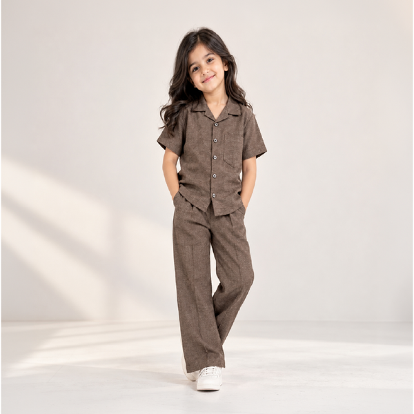 Kids Brown Shirt & Pant Co-Ord Set | Half Sleeve Collared Button-Down Shirt with Chest Pocket & Matching Full-Length Pants | Stylish Casual Outfit for Boys & Girls
