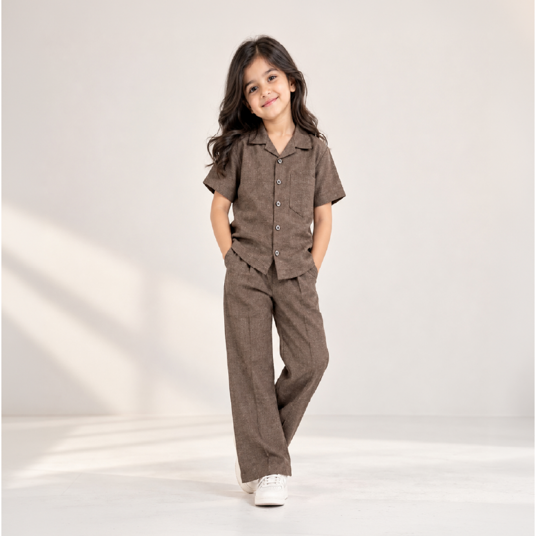 Kids Brown Shirt & Pant Co-Ord Set | Half Sleeve Collared Button-Down Shirt with Chest Pocket & Matching Full-Length Pants | Stylish Casual Outfit for Boys & Girls