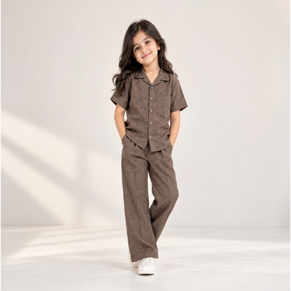 Kids Brown Shirt & Pant Co-Ord Set | Half Sleeve Collared Button-Down Shirt with Chest Pocket & Matching Full-Length Pants | Stylish Casual Outfit for Boys & Girls