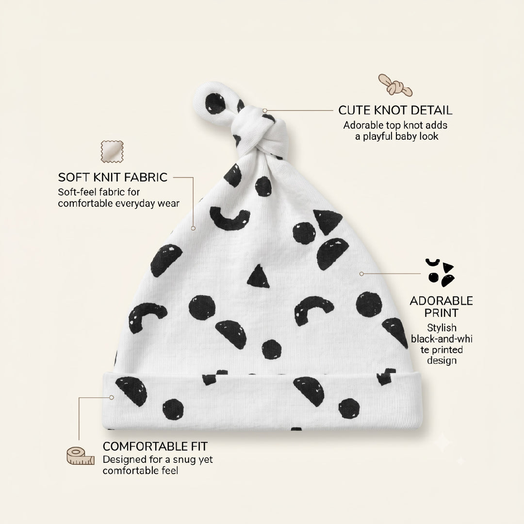 Newborn Baby Cap | Cute Cow Print Baby Knot Hat | Soft Stretch Cotton-Feel Newborn Beanie | Black & White Baby Hat for Boys & Girls