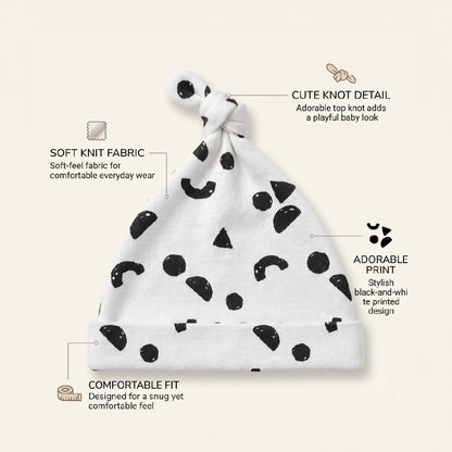 Newborn Baby Cap | Cute Cow Print Baby Knot Hat | Soft Stretch Cotton-Feel Newborn Beanie | Black & White Baby Hat for Boys & Girls