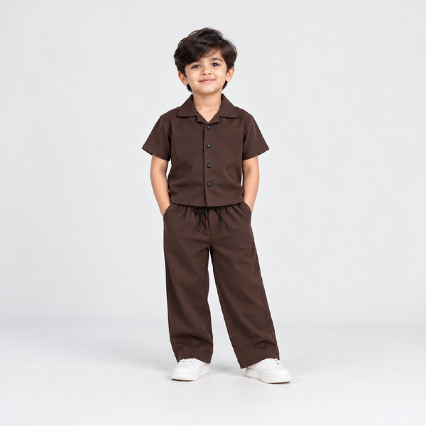 Boys Dark Brown Shirt & Pant Set | Half Sleeve Collared Button-Down Shirt with Matching Full-Length Trousers | Kids Casual Co-Ord Set for Party, Family Functions & Daily Wear