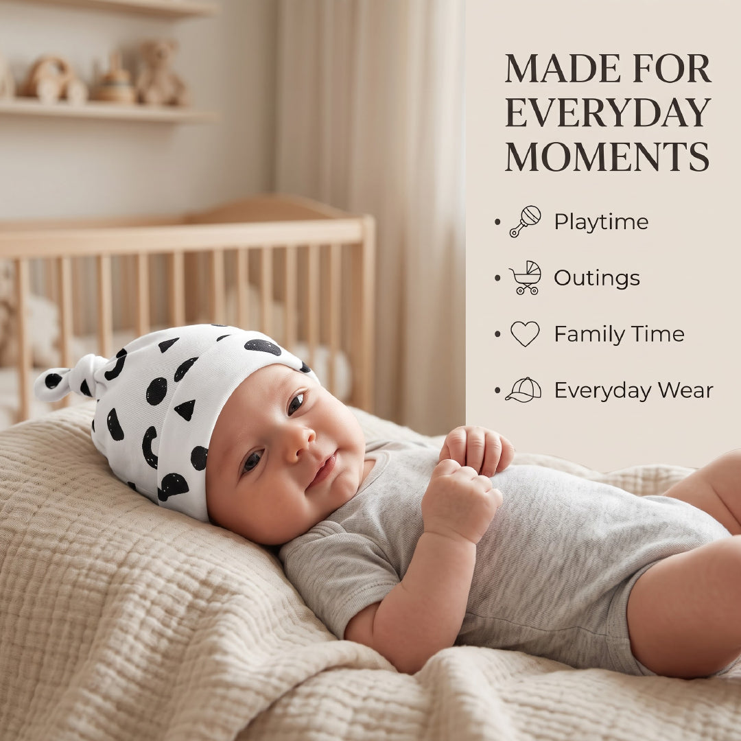 Newborn Baby Cap | Cute Cow Print Baby Knot Hat | Soft Stretch Cotton-Feel Newborn Beanie | Black & White Baby Hat for Boys & Girls