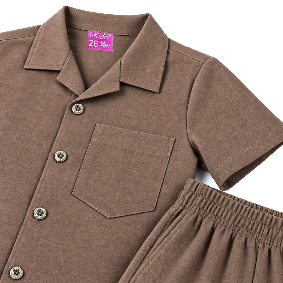 Kids Brown Shirt & Pant Co-Ord Set | Half Sleeve Collared Button-Down Shirt with Chest Pocket & Matching Full-Length Pants | Stylish Casual Outfit for Boys & Girls