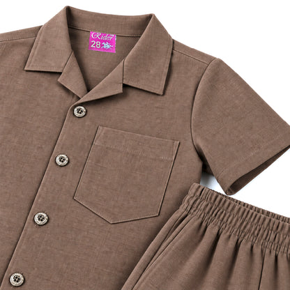Kids Brown Shirt & Pant Co-Ord Set | Half Sleeve Collared Button-Down Shirt with Chest Pocket & Matching Full-Length Pants | Stylish Casual Outfit for Boys & Girls