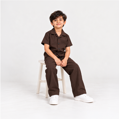 Boys Dark Brown Shirt & Pant Set | Half Sleeve Collared Button-Down Shirt with Matching Full-Length Trousers | Kids Casual Co-Ord Set for Party, Family Functions & Daily Wear