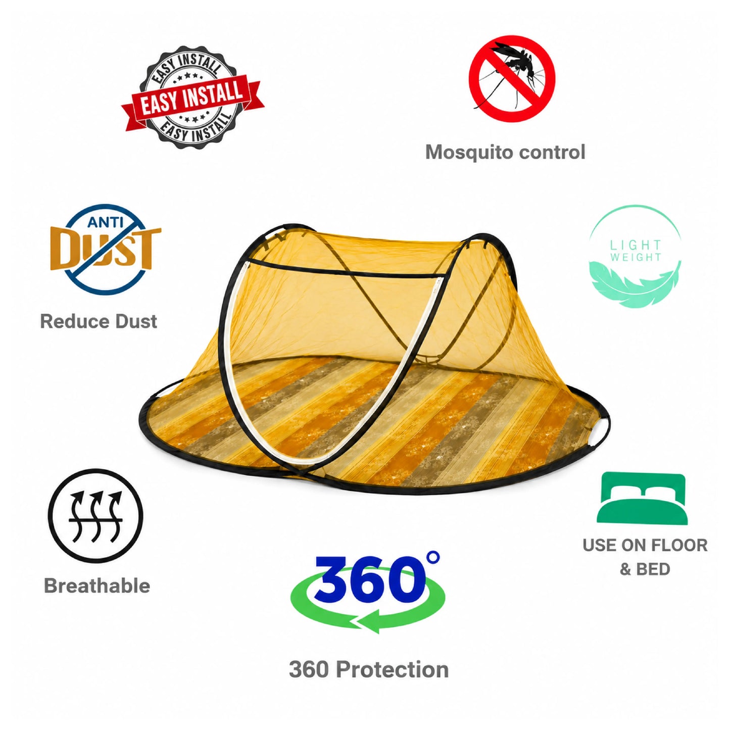Foldable Single Bed Mosquito Net | Polyester 30GSM mesh - Yellow