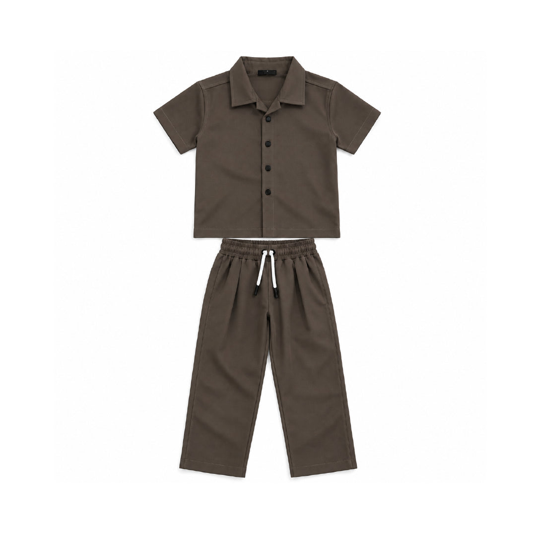 Boys Brown Shirt & Pant Set | Half Sleeve Collared Button-Down Shirt with Matching Full-Length Trousers