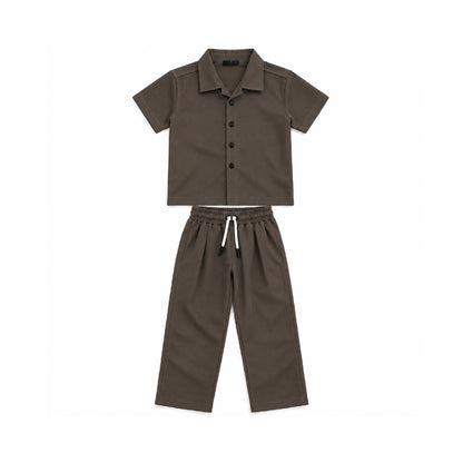 Boys Brown Shirt & Pant Set | Half Sleeve Collared Button-Down Shirt with Matching Full-Length Trousers