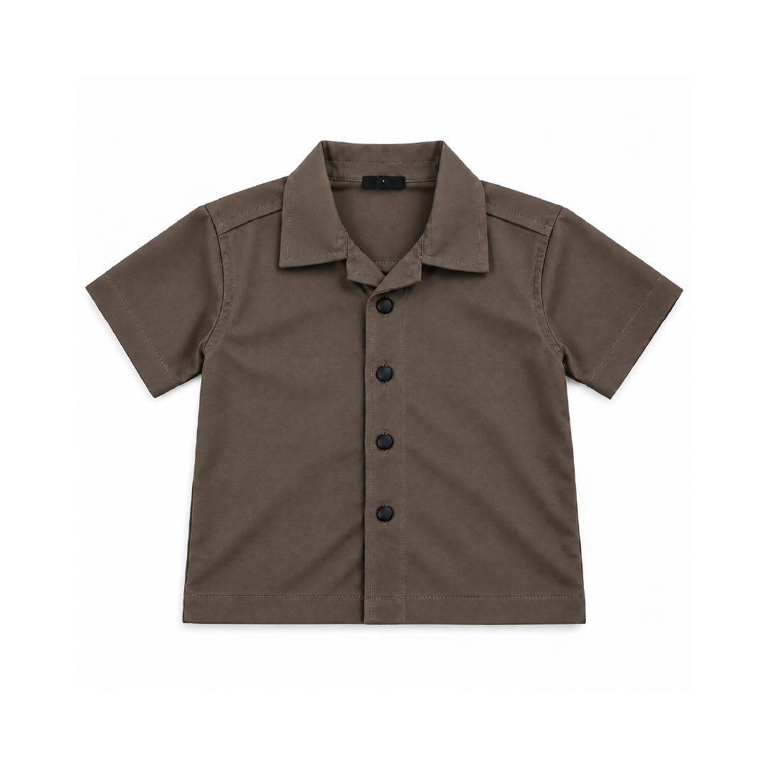 Boys Brown Shirt & Pant Set | Half Sleeve Collared Button-Down Shirt with Matching Full-Length Trousers