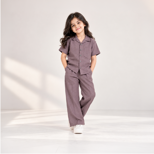 Kids Dusty Rose Shirt & Pant Co-Ord Set | Half Sleeve Collared Button-Down Shirt with Chest Pocket & Matching Full-Length Pants