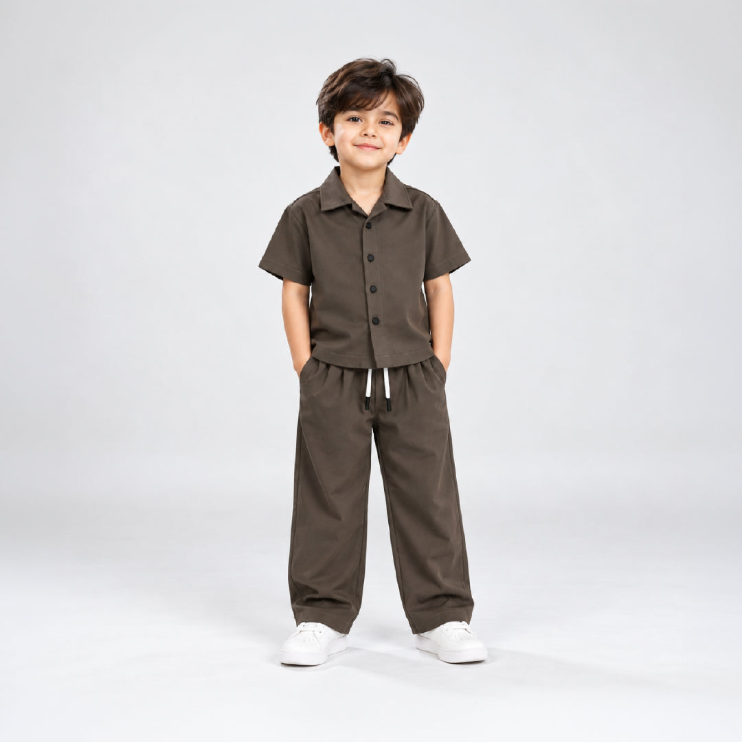 Boys Brown Shirt & Pant Set | Half Sleeve Collared Button-Down Shirt with Matching Full-Length Trousers