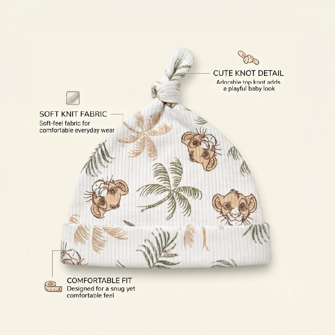 Disney Baby Lion King Newborn Cap 3–6 Months | Soft White Baby Knot Hat with Lion & Jungle Print | Cute Infant Beanie Cap for Baby Boys & Girls