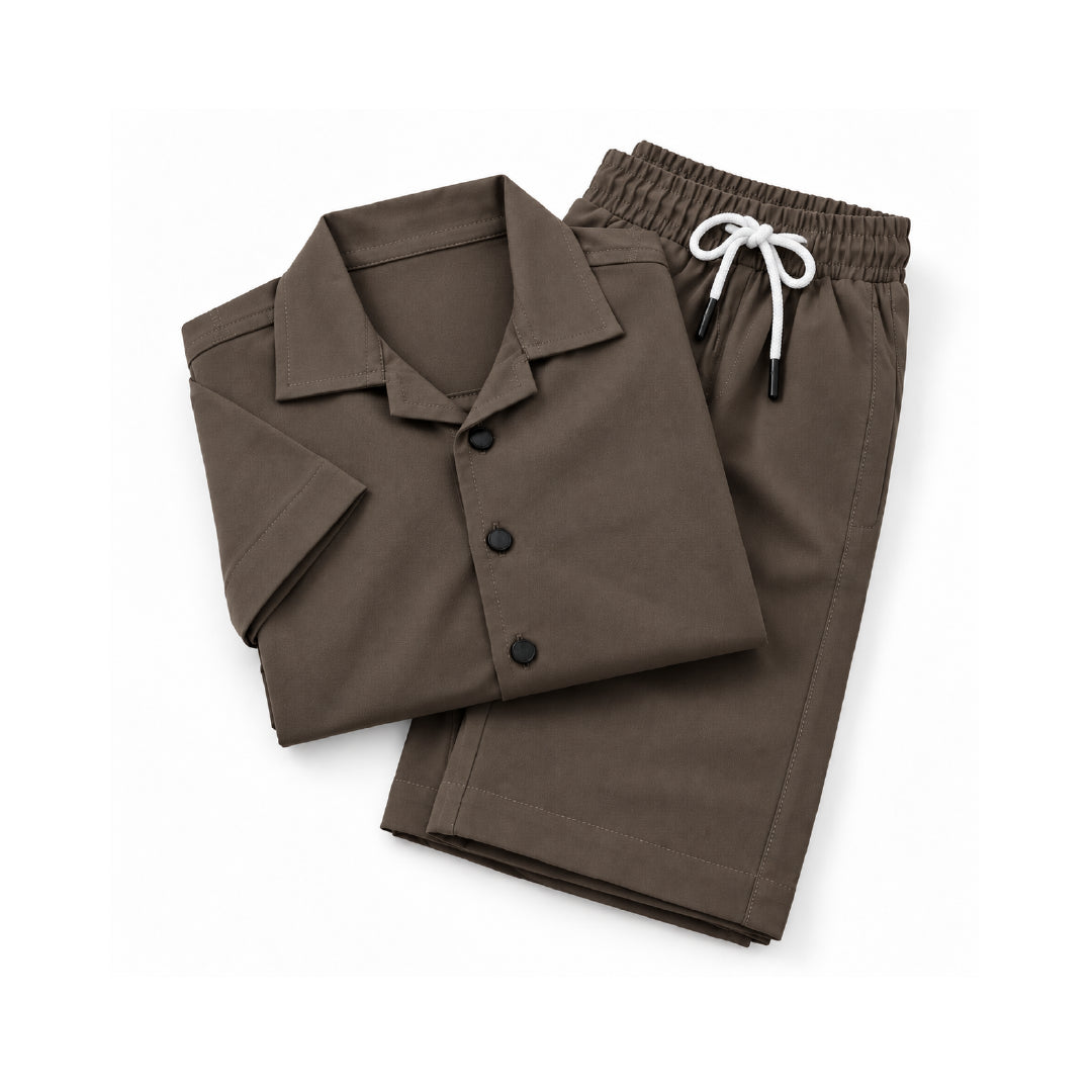 Boys Brown Shirt & Pant Set | Half Sleeve Collared Button-Down Shirt with Matching Full-Length Trousers