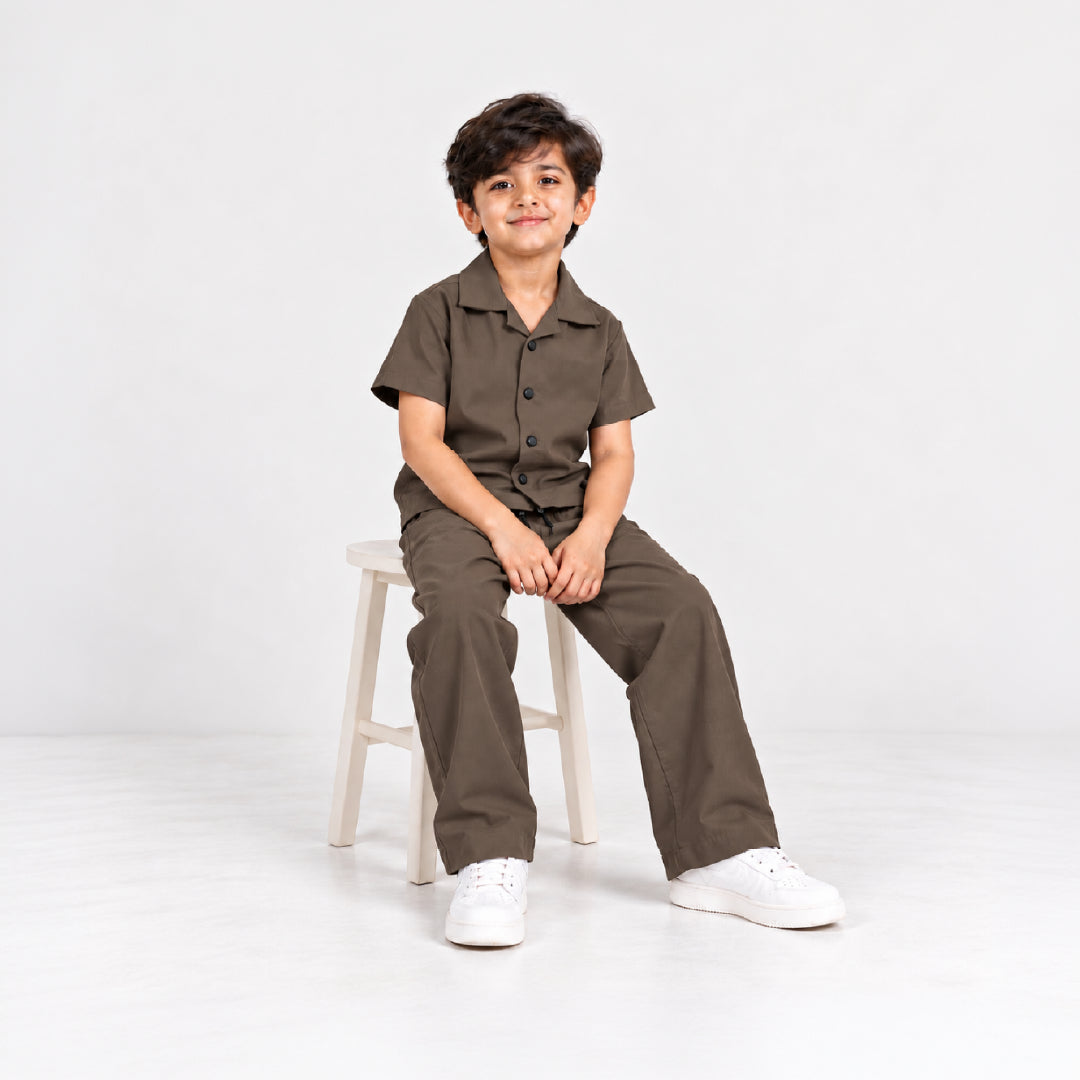 Boys Brown Shirt & Pant Set | Half Sleeve Collared Button-Down Shirt with Matching Full-Length Trousers