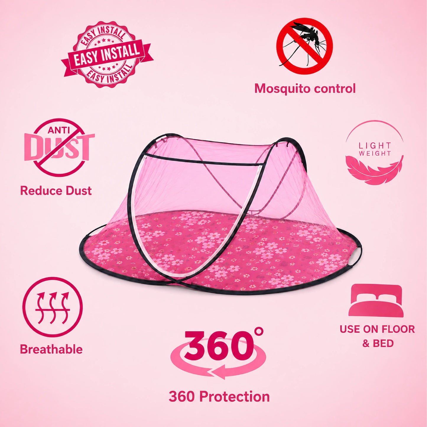 Foldable Single Bed Mosquito Net | Polyester 30GSM mesh - Pink