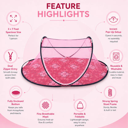 Foldable Single Bed Mosquito Net | Polyester 30GSM mesh - Pink