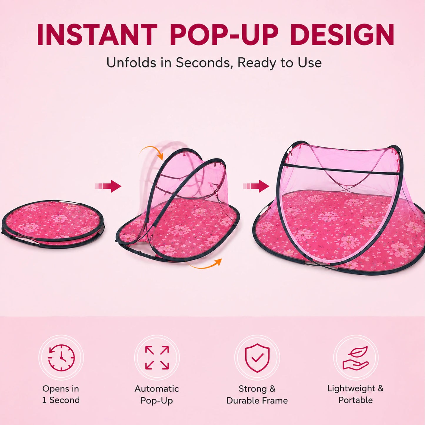 Foldable Single Bed Mosquito Net | Polyester 30GSM mesh - Pink