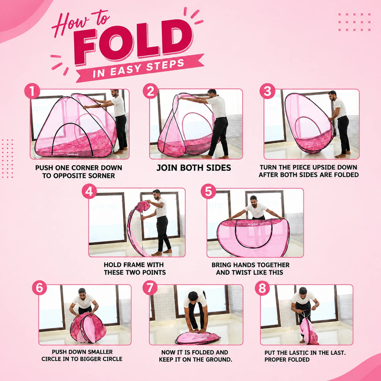 Foldable Single Bed Mosquito Net | Polyester 30GSM mesh - Pink