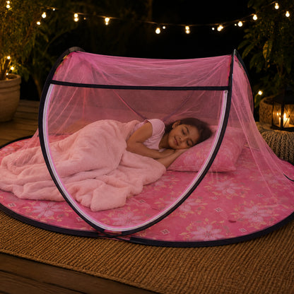 Foldable Single Bed Mosquito Net | Polyester 30GSM mesh - Pink