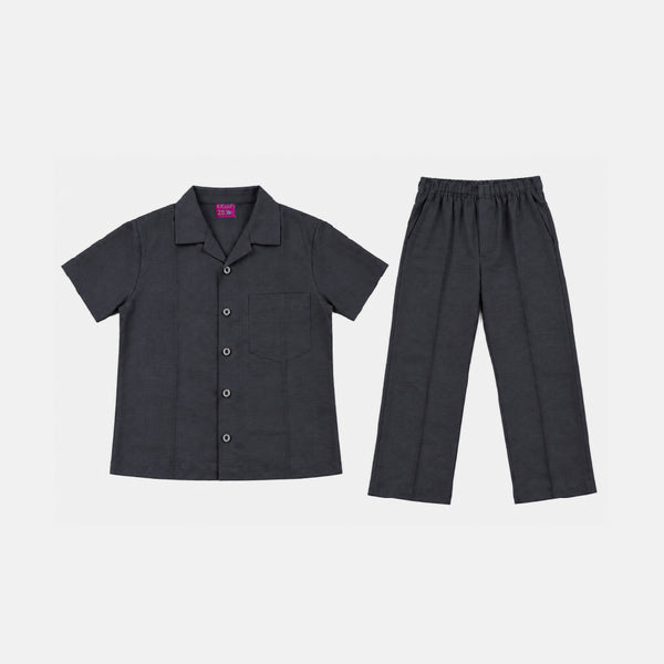 Kids Black Shirt & Pant Co-Ord Set | Half Sleeve Collared Button-Down Shirt with Chest Pocket & Matching Full-Length Trousers | Stylish Casual Outfit for Boys & Girls