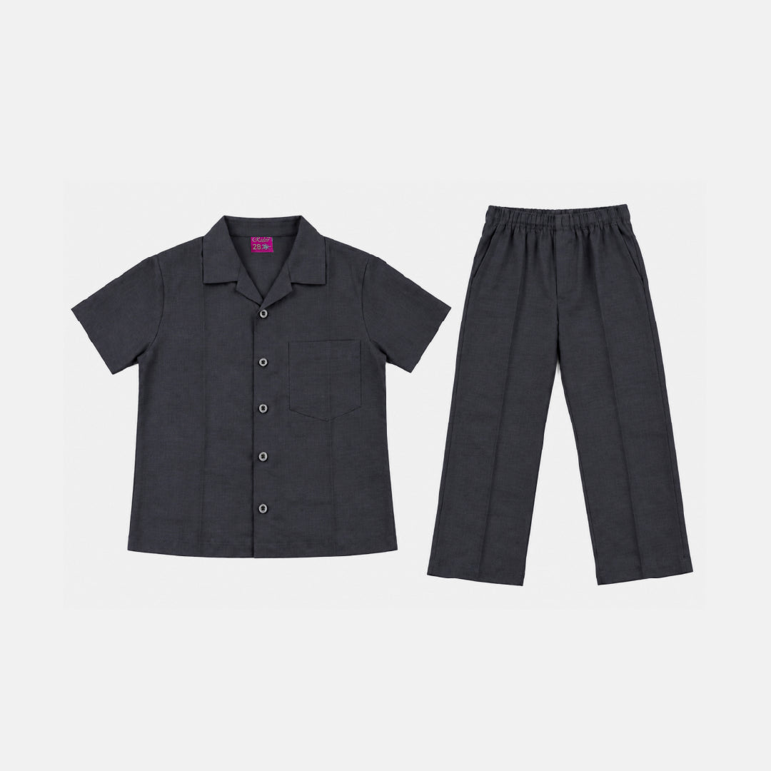 Kids Black Shirt & Pant Co-Ord Set | Half Sleeve Collared Button-Down Shirt with Chest Pocket & Matching Full-Length Trousers | Stylish Casual Outfit for Boys & Girls