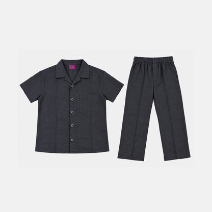 Kids Black Shirt & Pant Co-Ord Set | Half Sleeve Collared Button-Down Shirt with Chest Pocket & Matching Full-Length Trousers | Stylish Casual Outfit for Boys & Girls