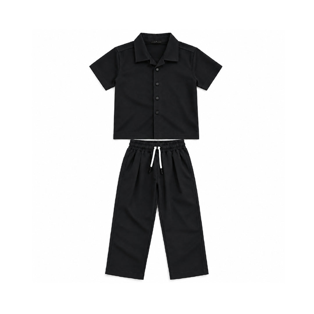 Boys Black Shirt & Pant Set | Half Sleeve Collared Button-Down Shirt with Matching Full-Length Trousers