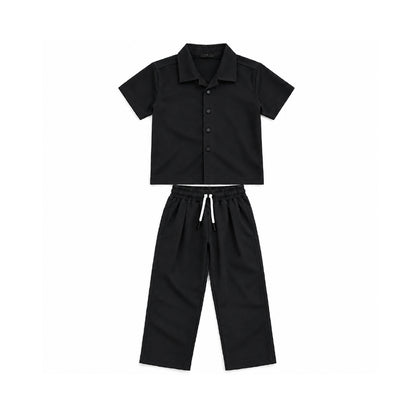 Boys Black Shirt & Pant Set | Half Sleeve Collared Button-Down Shirt with Matching Full-Length Trousers