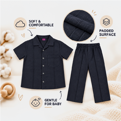 Kids Black Shirt & Pant Co-Ord Set | Half Sleeve Collared Button-Down Shirt with Chest Pocket & Matching Full-Length Trousers | Stylish Casual Outfit for Boys & Girls