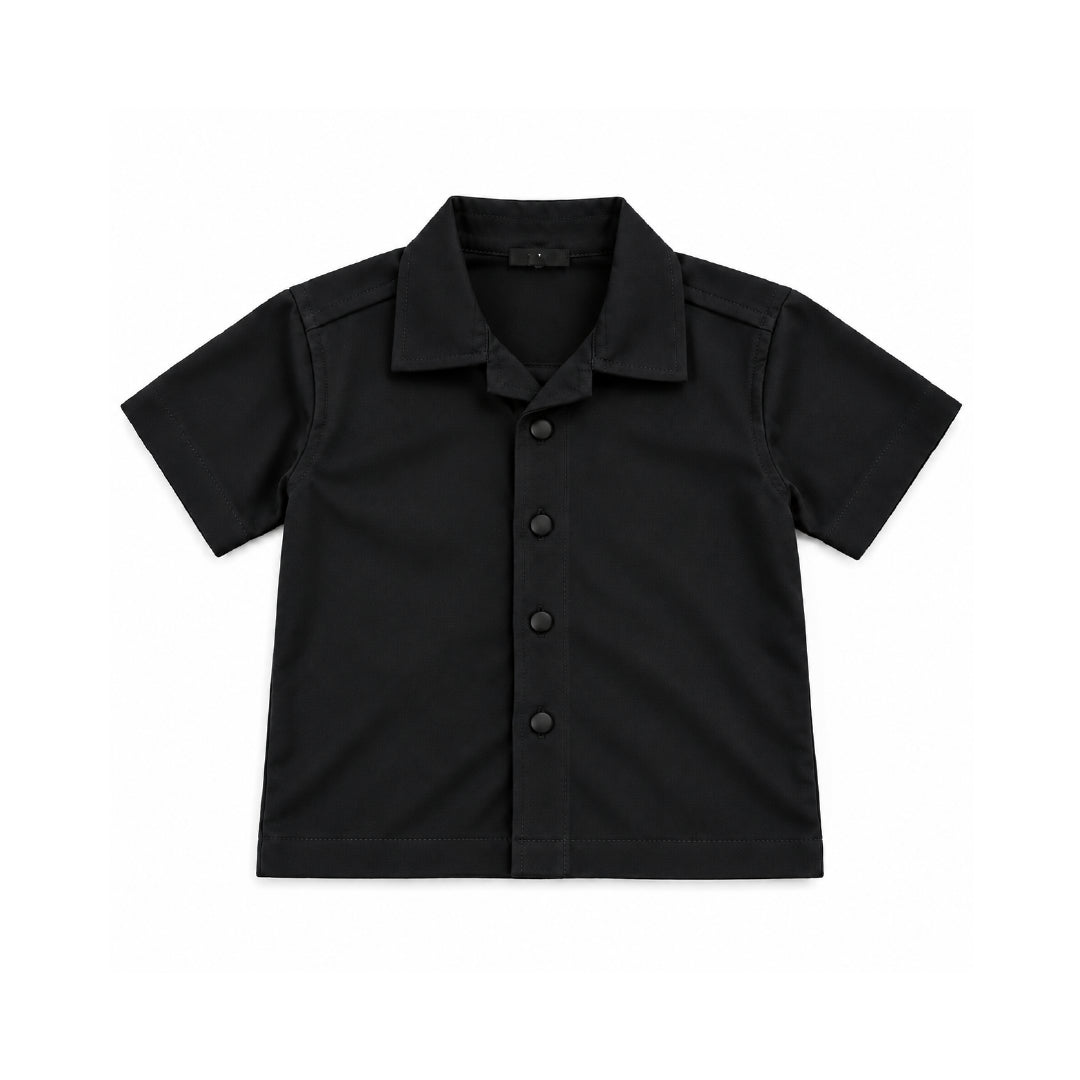 Boys Black Shirt & Pant Set | Half Sleeve Collared Button-Down Shirt with Matching Full-Length Trousers