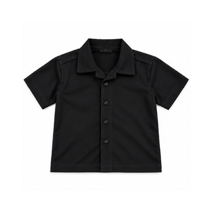 Boys Black Shirt & Pant Set | Half Sleeve Collared Button-Down Shirt with Matching Full-Length Trousers