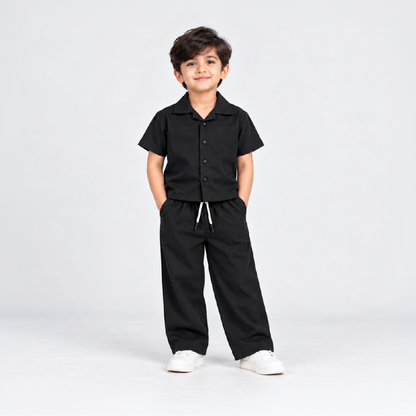 Boys Black Shirt & Pant Set | Half Sleeve Collared Button-Down Shirt with Matching Full-Length Trousers