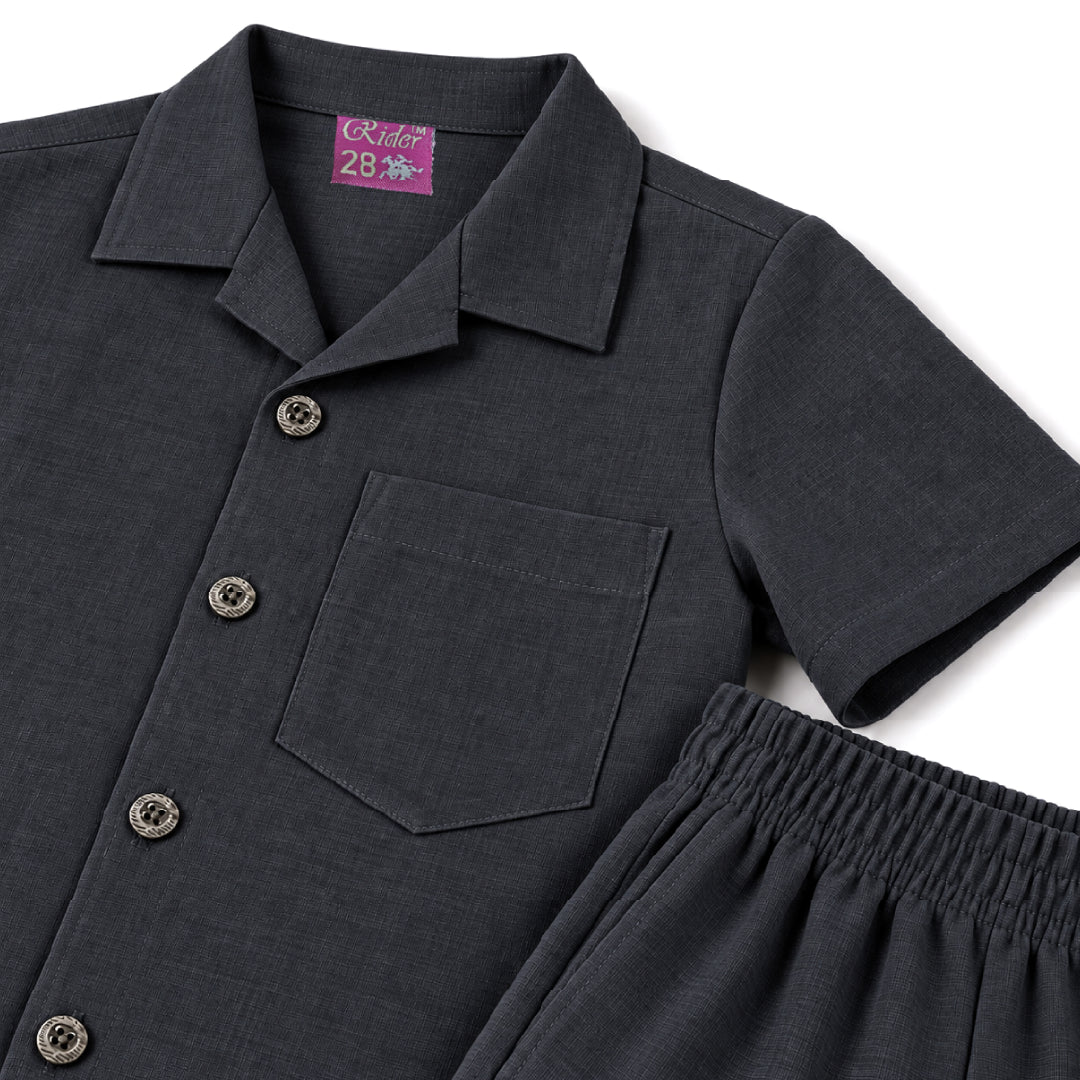 Kids Black Shirt & Pant Co-Ord Set | Half Sleeve Collared Button-Down Shirt with Chest Pocket & Matching Full-Length Trousers | Stylish Casual Outfit for Boys & Girls
