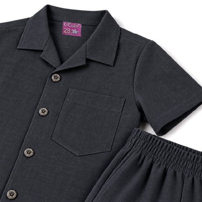 Kids Black Shirt & Pant Co-Ord Set | Half Sleeve Collared Button-Down Shirt with Chest Pocket & Matching Full-Length Trousers | Stylish Casual Outfit for Boys & Girls