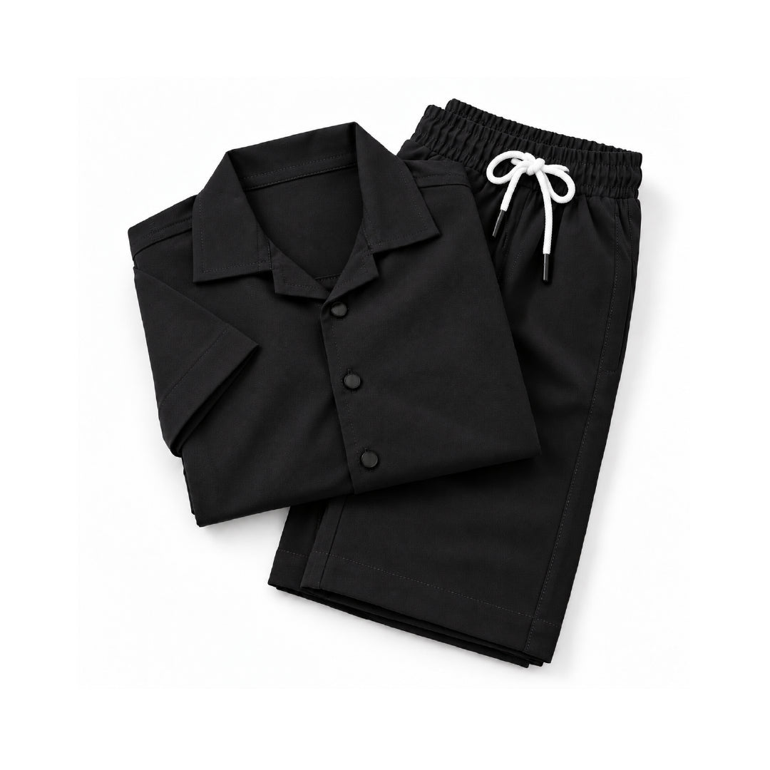 Boys Black Shirt & Pant Set | Half Sleeve Collared Button-Down Shirt with Matching Full-Length Trousers